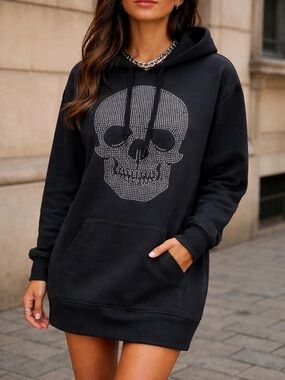 Y2K Rhinestone Skull Hoodie Dress Oversized Black Goth‎ Grunge Street Pullover